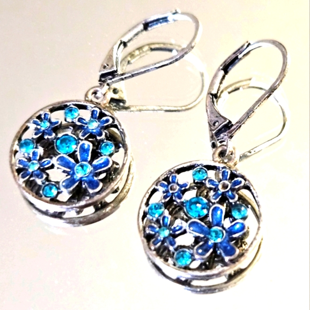 Blue Glass Silver Toned Earrings